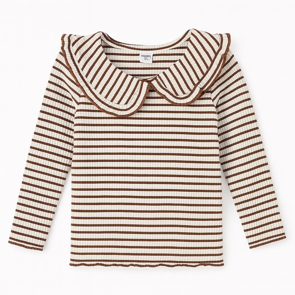 Brown Stripe Ruffle Collar Long Sleeve Top - Picture 2 of 4